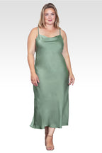 Plus Size Cowl Neck Spaghetti Strap Satin Slip Dress - Bay Leaf