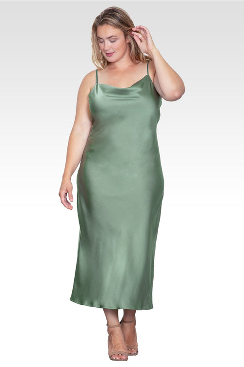 Plus Size Cowl Neck Spaghetti Strap Satin Slip Dress - Bay Leaf