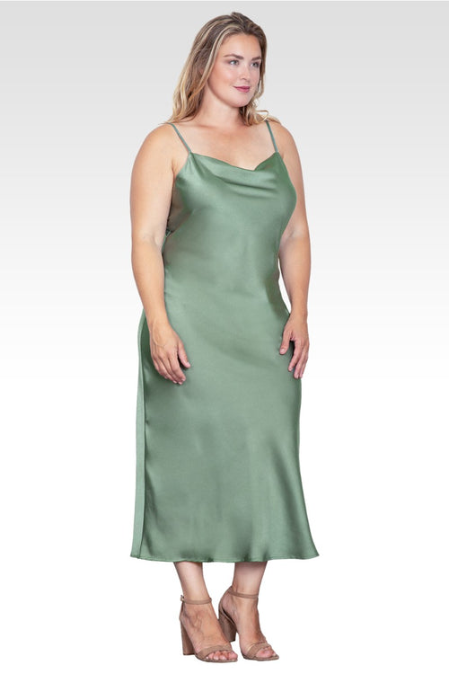 Plus Size Cowl Neck Spaghetti Strap Satin Slip Dress - Bay Leaf