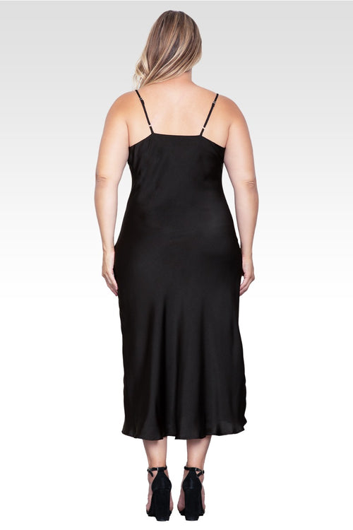Plus Size Cowl Neck Spaghetti Strap Satin Slip Dress - Black