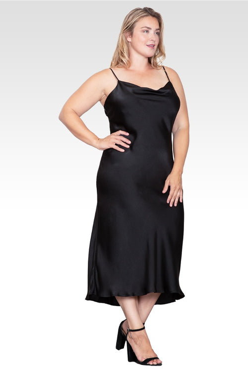 Plus Size Cowl Neck Spaghetti Strap Satin Slip Dress - Black