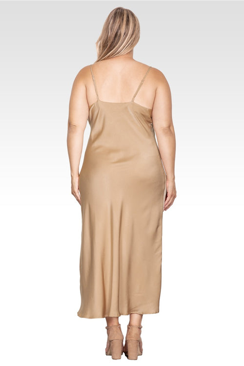 Plus Size Cowl Neck Spaghetti Strap Satin Slip Dress - Mocha Tan