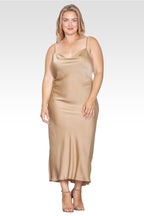 Plus Size Cowl Neck Spaghetti Strap Satin Slip Dress - Mocha Tan