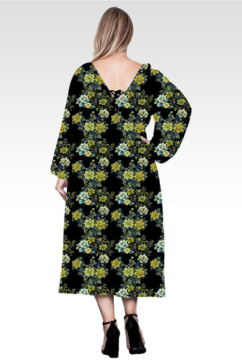Plus Size Floral-Print Sheer Sleeve Midi Dress-Black Abstract