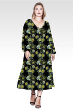 Plus Size Floral-Print Sheer Sleeve Midi Dress-Black Abstract