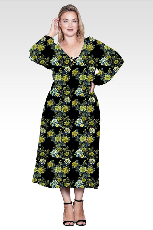 Plus Size Floral-Print Sheer Sleeve Midi Dress-Black Abstract