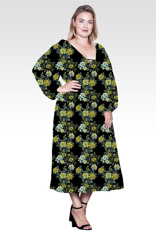 Plus Size Floral-Print Sheer Sleeve Midi Dress-Black Abstract