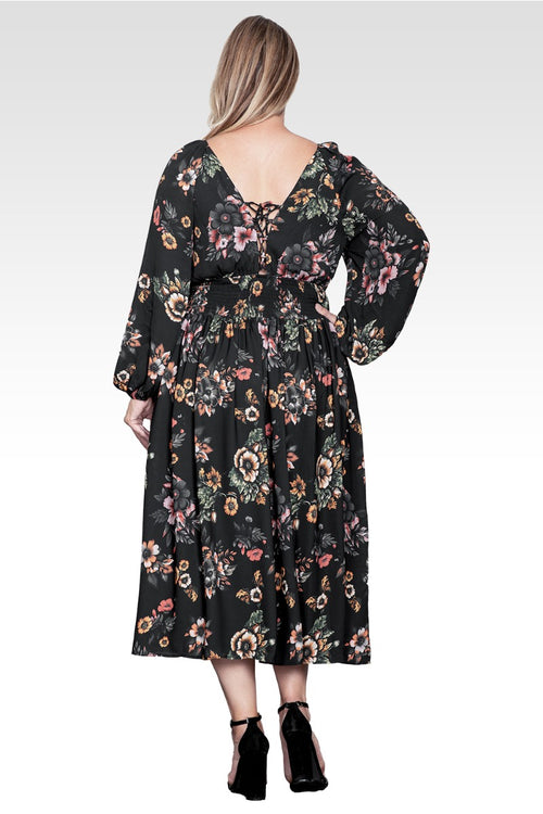 Plus Size Floral-Print Sheer Sleeve Midi Dress-Rusty Floral