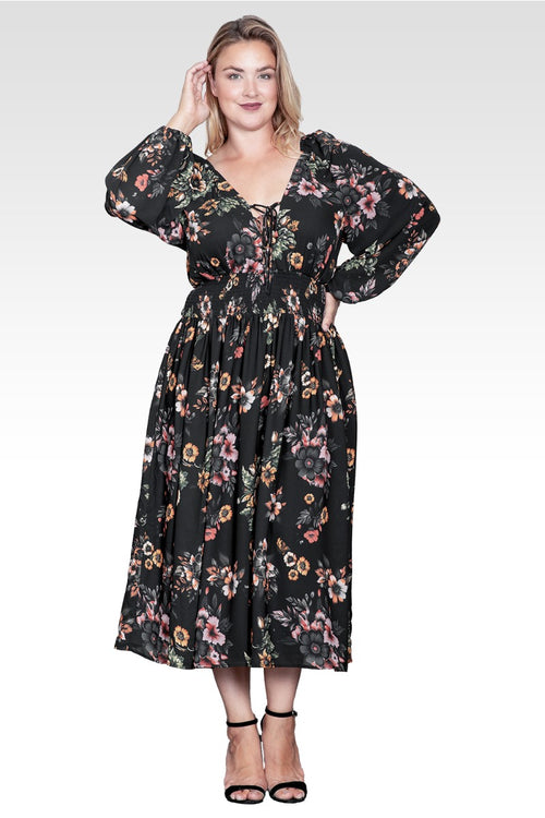 Plus Size Floral-Print Sheer Sleeve Midi Dress-Rusty Floral