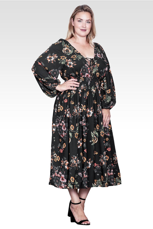 Plus Size Floral-Print Sheer Sleeve Midi Dress-Rusty Floral
