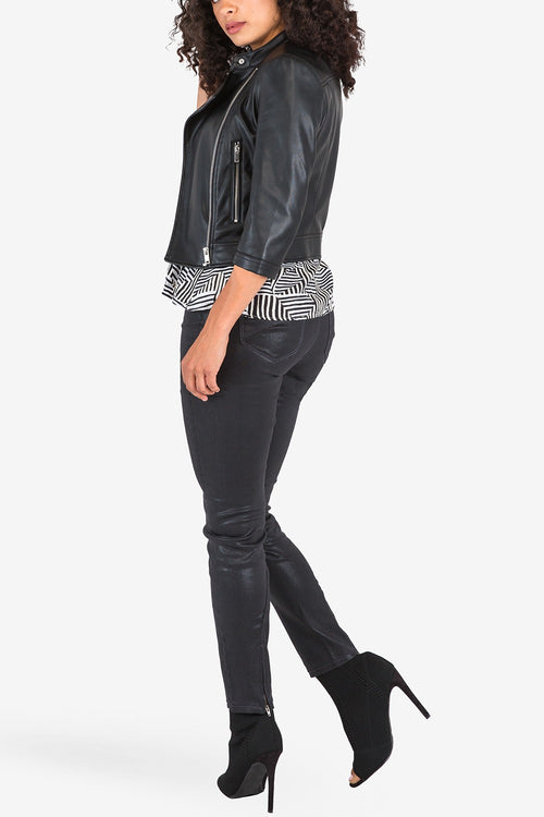 S&P Contemporary Women's Skinny Jeans Black Stretch Coated Denim Zip Bottom Curve Seam-4