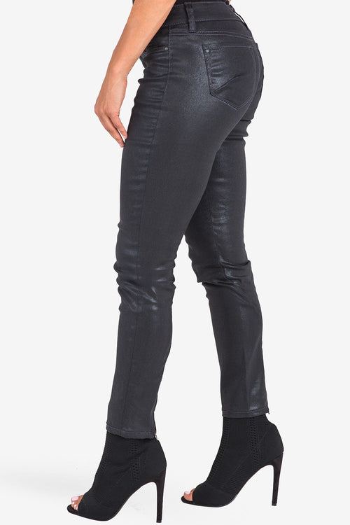 S&P Contemporary Women's Skinny Jeans Black Stretch Coated Denim Zip Bottom Curve Seam-3