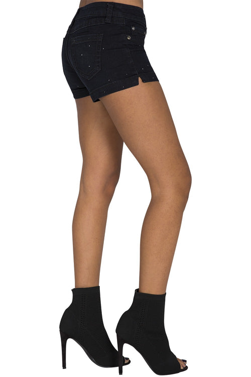 S&P Junior Women's Dark Indigo Stretch Denim Shorts Rhinestone Dots Embellished