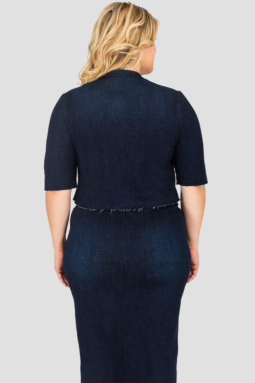 Plus Size Frayed Hem Snap Button Cropped Collarless Indigo Denim Jacket