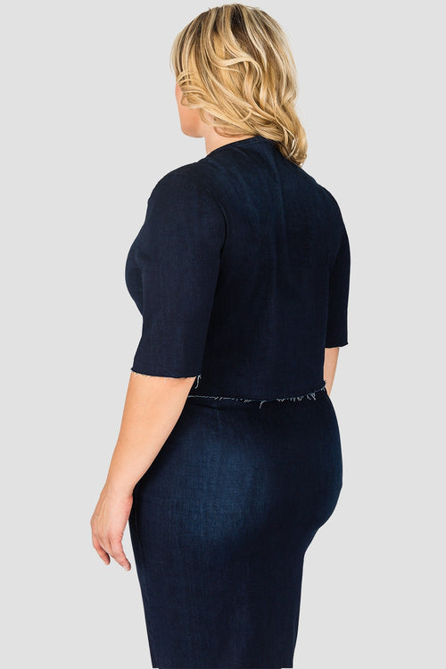 Plus SizeFrayed Hem Snap Button Cropped Collarless Indigo Denim Jacket