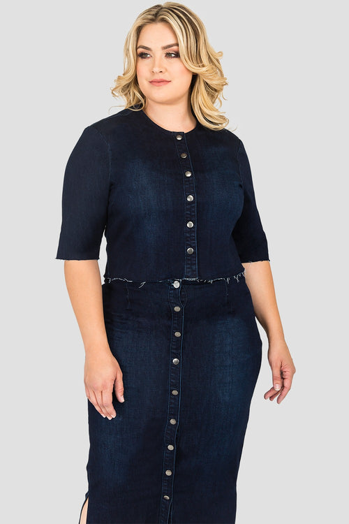 Plus Size Cropped Collarless Indigo Denim Jacket