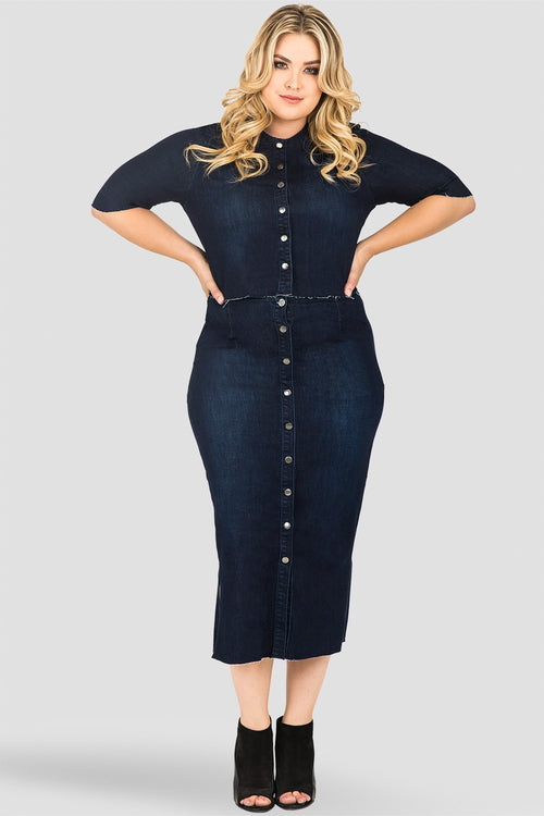 Plus Size Standards & Practices Elanse Frayed Hem Snap Button Cropped Collarless Indigo Denim Jacket