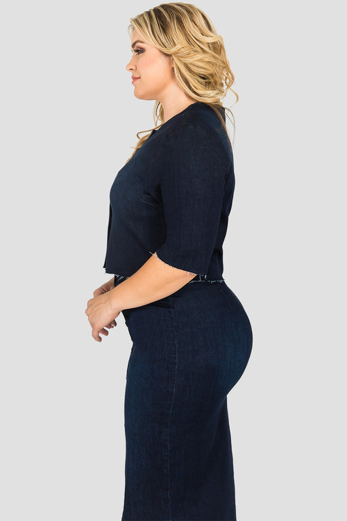 Plus Size Cropped Collarless Indigo Denim Jacket