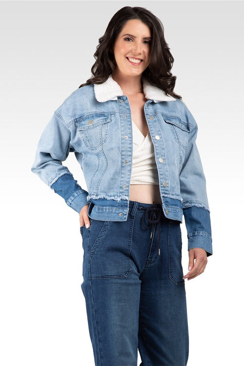 Yara Refurbished Denim Trucker With Sherpa Collar Jacket
