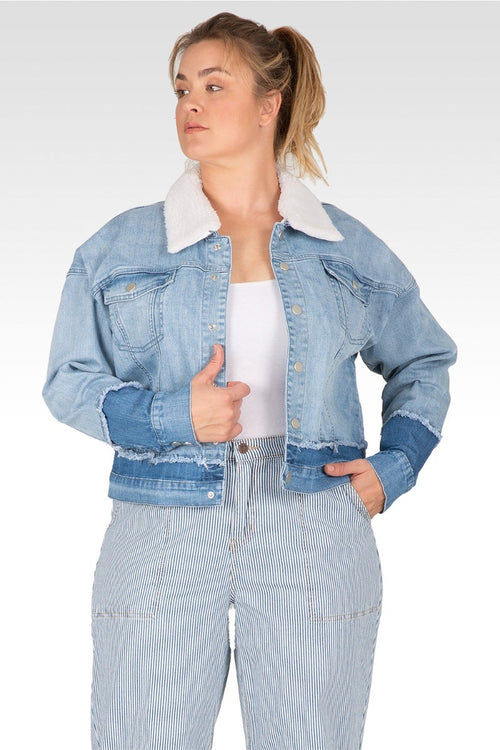 Plus Size Yara Refurbished Denim Trucker With Sherpa Collar Jacket