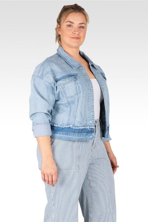 Plus Size Yara Refurbished Denim Trucker With Sherpa Collar Jacket