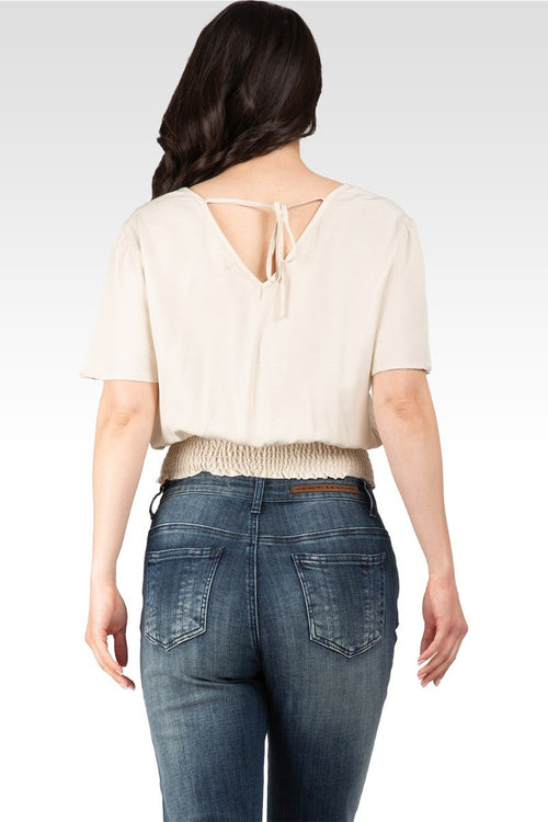 Allie Women's V Neck Short Sleeve Smocking Waist Blouse