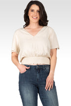 Allie Women's V Neck Short Sleeve Smocking Waist Blouse