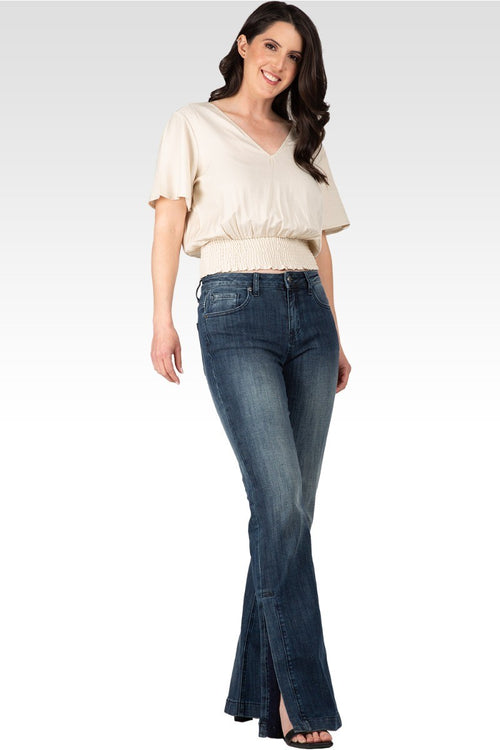 Allie Women's V Neck Short Sleeve Smocking Waist Blouse