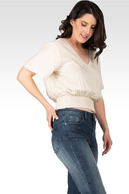 Allie Women's V Neck Short Sleeve Smocking Waist Blouse