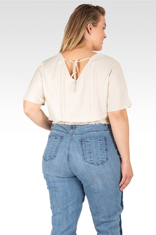 Allie Women's Plus Size V Neck Short Sleeve Smocking Waist Blouse