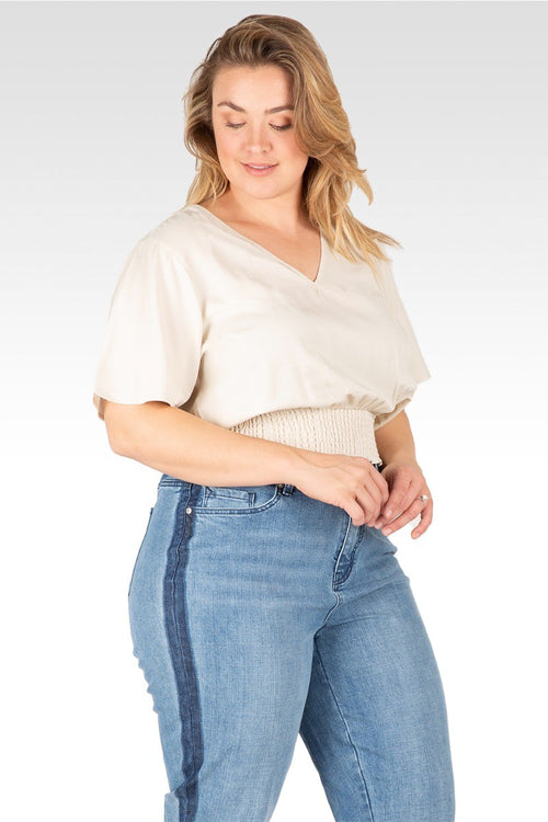 Allie Women's Plus Size V Neck Short Sleeve Smocking Waist Blouse