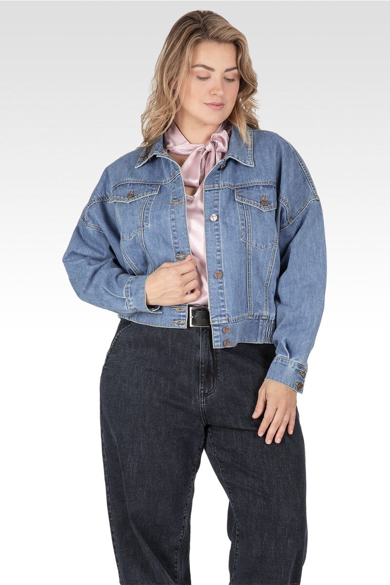 American Bazi Full Size Drop Shoulder Cropped Denim Jacket with Waist Strap Plus Size