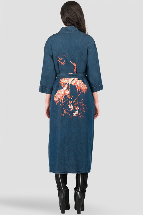 Kumiko Denim Bird Print Back Short Sleeve Kimono Duster Jacket