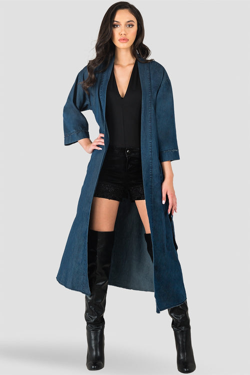 Kumiko Denim Bird Print Back Short Sleeve Kimono Duster Jacket