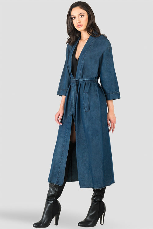 Kumiko Denim Bird Print Back Short Sleeve Kimono Duster Jacket