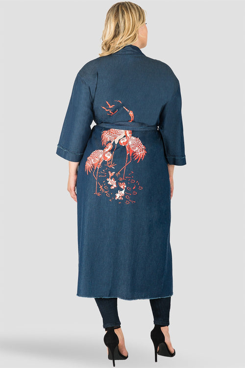 Plus Size Kumiko Denim Bird Print Back Short Sleeve Kimono Duster Jacket