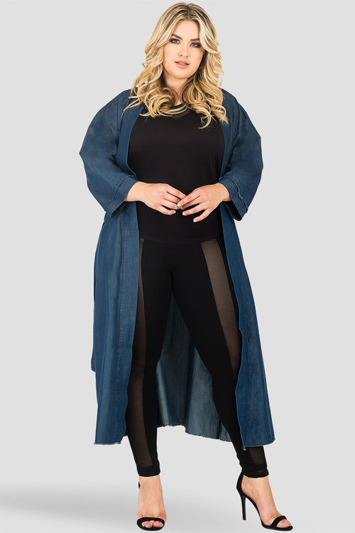 Plus Size Kumiko Denim Bird Print Back Short Sleeve Kimono Duster Jacket