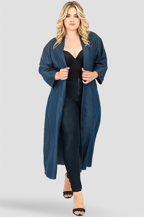 Plus Size Kumiko Denim Bird Print Back Short Sleeve Kimono Duster Jacket