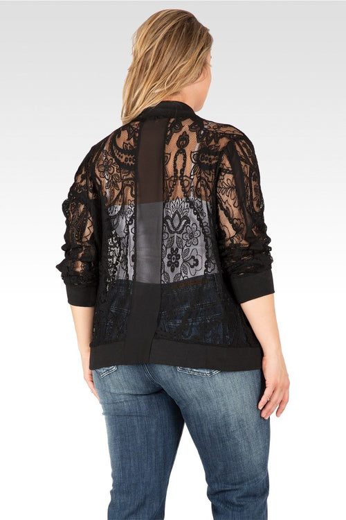 Plus Size Aria Women’s Peek-A-Boo Black Lace Bomber Jacket