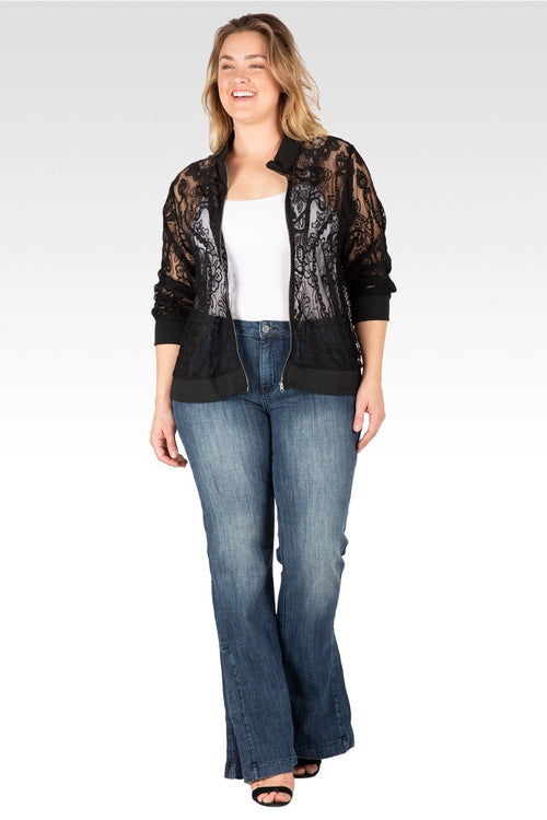 Plus Size Aria Women’s Peek-A-Boo Black Lace Bomber Jacket