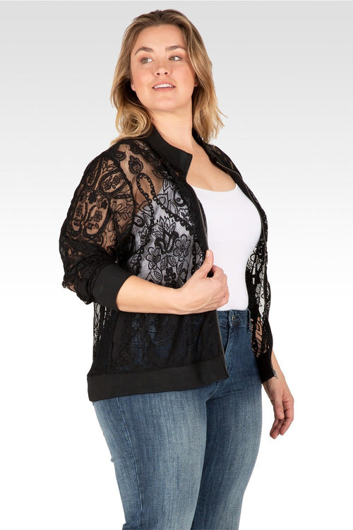 Plus Size Aria Women’s Peek-A-Boo Black Lace Bomber Jacket