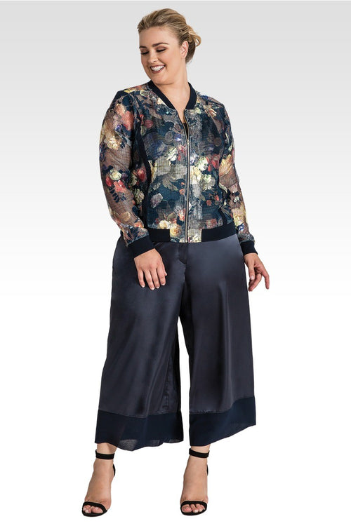 Plus Size Deja Midnight Blue Floral Mesh Bomber Jacket