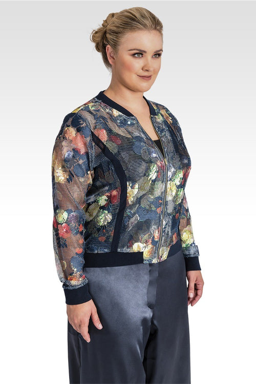 Plus Size Deja Midnight Blue Floral Mesh Bomber Jacket