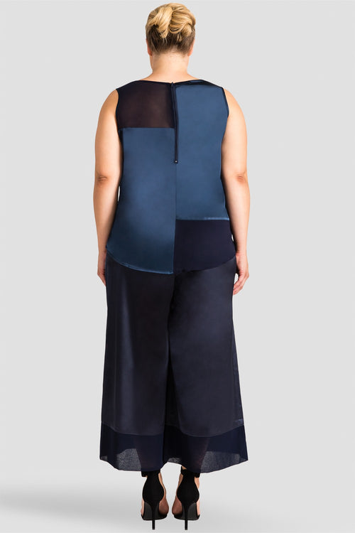 Plus Size Women's Midnight Blue Sateen and Chiffon Sleeveless Top