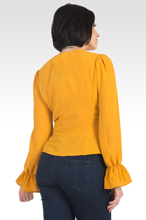 Vera Solid Tie Front Flute Sleeve Blouse-Ginger