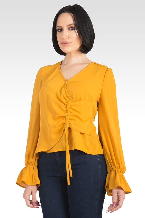 Vera Solid Tie Front Flute Sleeve Blouse-Ginger