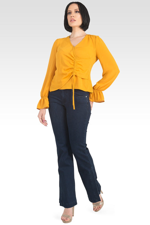 Vera Solid Tie Front Flute Sleeve Blouse-Ginger