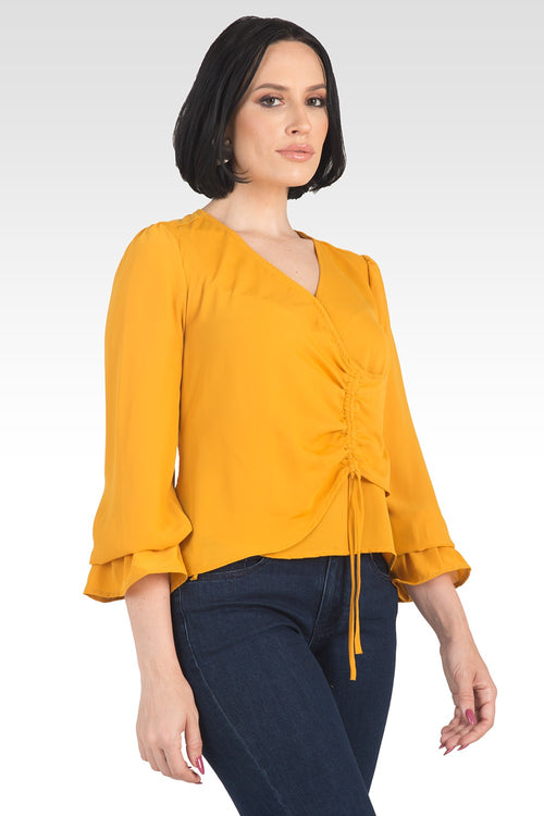 Vera Solid Tie Front Flute Sleeve Blouse-Ginger