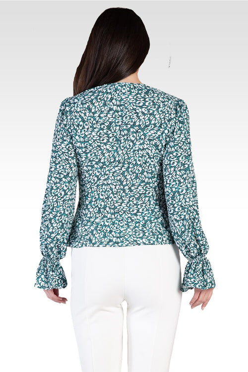 Vera Green Leopard Print Tie Front Flute Sleeve Blouse