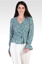 Vera Green Leopard Print Tie Front Flute Sleeve Blouse